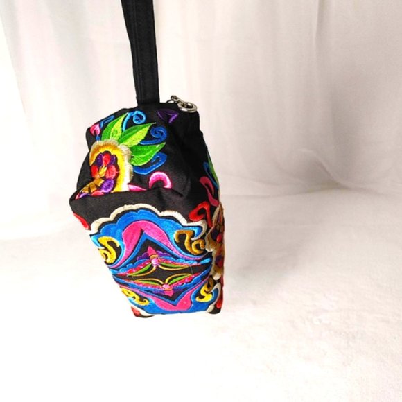 Embroidery Black Wristlet 3-Layer Zipper Geo Floral Fabric Gold Red Pouch Lined - Picture 6 of 10